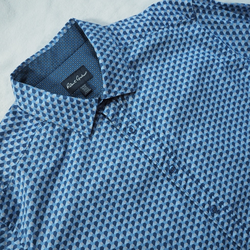 Robert Graham Sz XL Blue Geometric Print Dress Shirt Cotton Elastane Blend